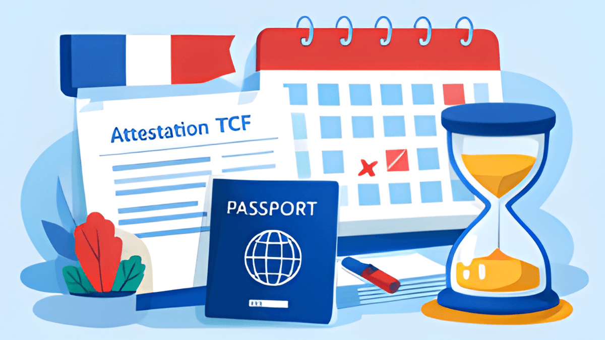 Attestation TCF expirée : calendrier, passeport et sablier illustrant le renouvellement et les délais